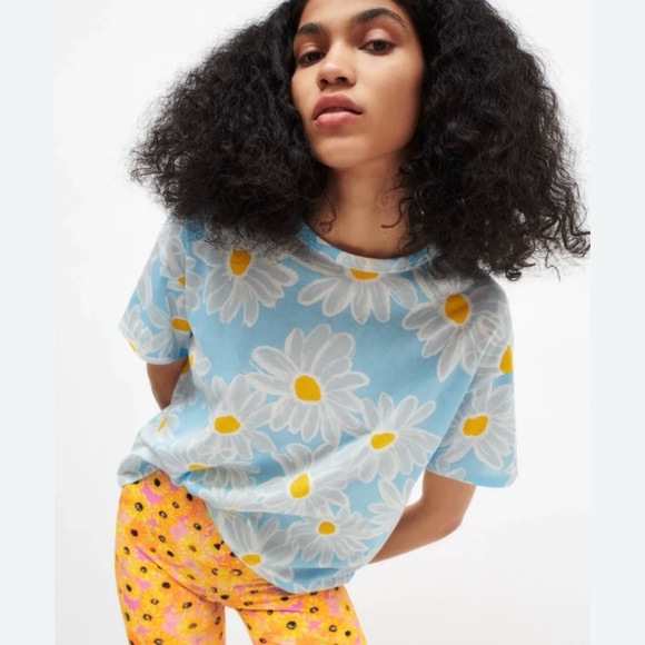 ZARA TRF Blue Daisies Cropped Cotton Tee S - Picture 3 of 9